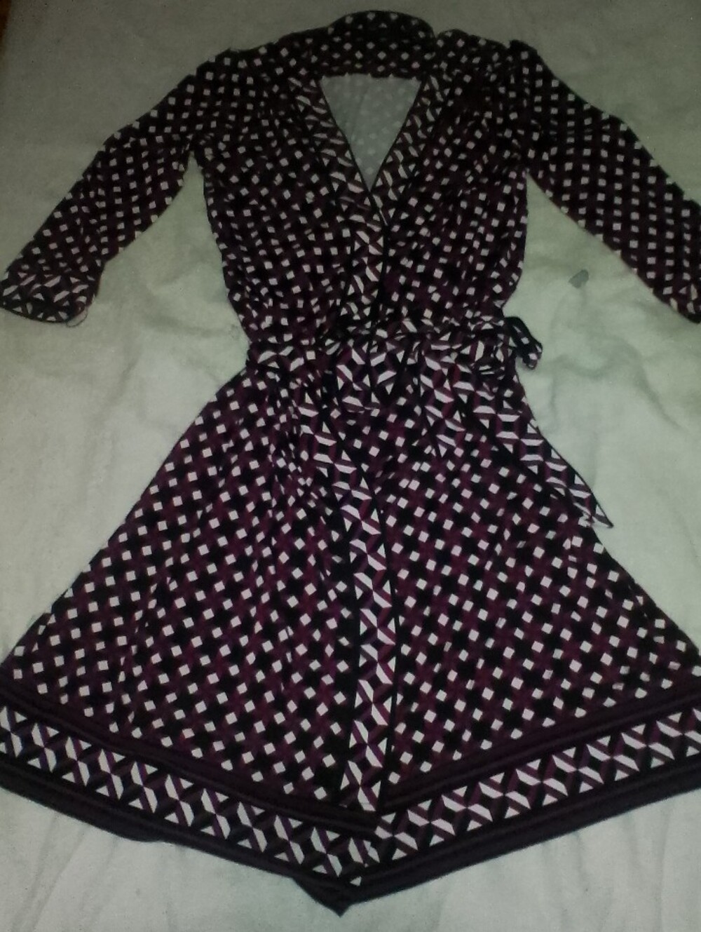 Classic Geometric Wrap Dress in Purple, Black and White